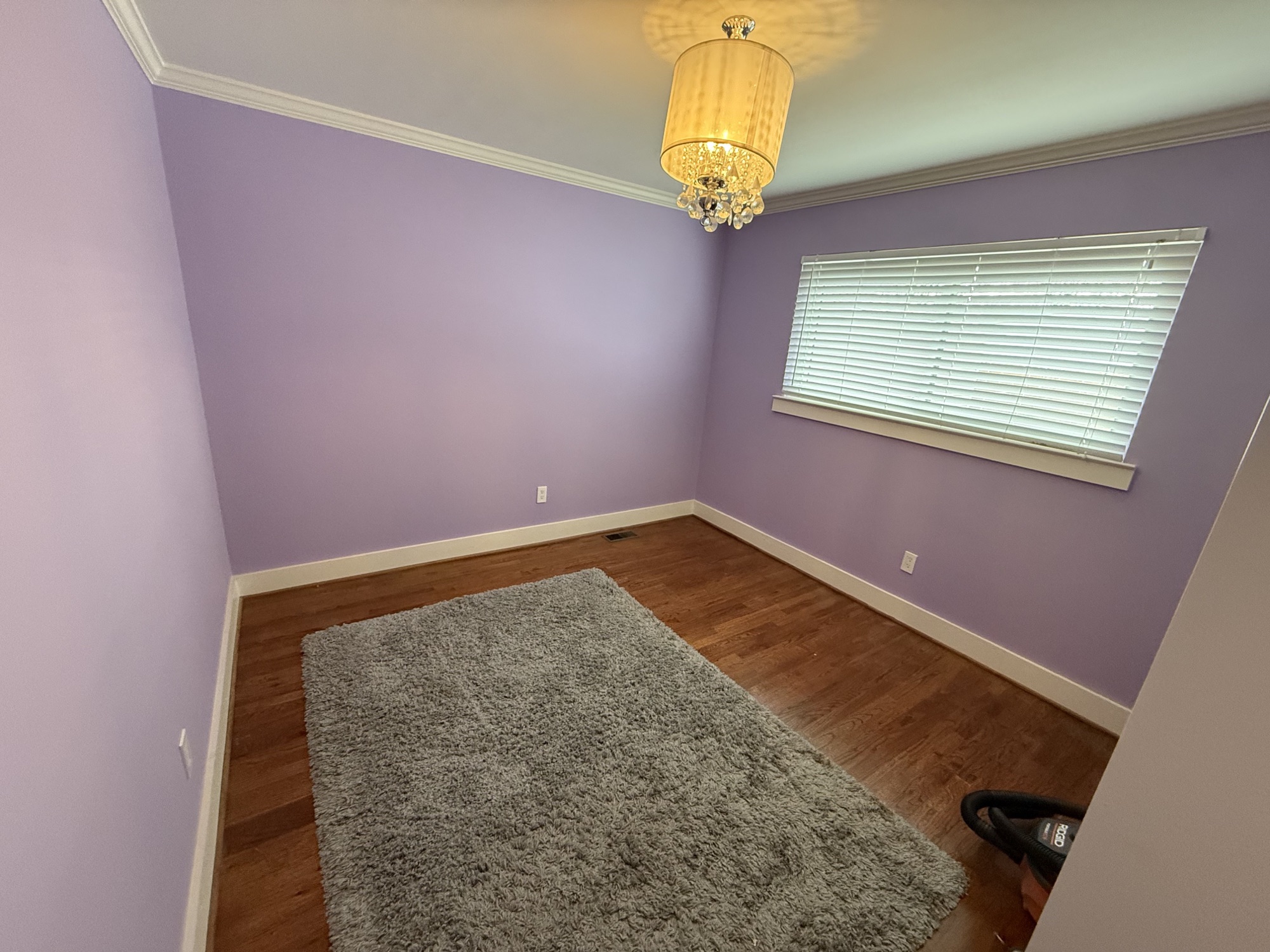 Finished lavender bedroom with crisp white crown molding, baseboards, and window trim